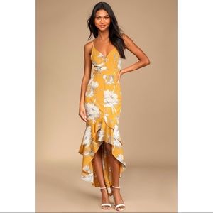 NWOT Lulus Darling Daylily Mustard Yellow Floral Print High-Low Maxi Dress Small
